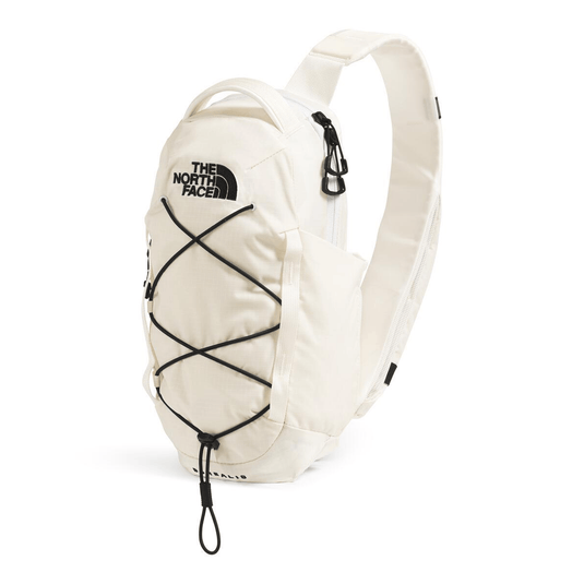 White sling bag with The North Face logo on a white background
