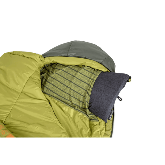 Green and gray sleeping bag with brand logo on a white background