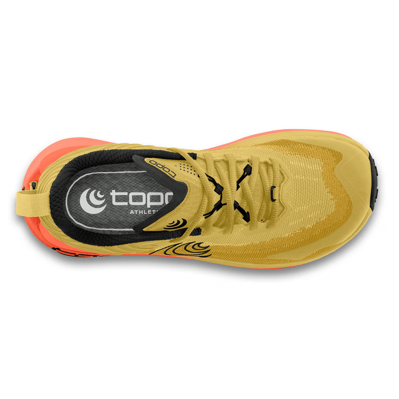 Load image into Gallery viewer, Yellow running shoe with black and red accents on a white background
