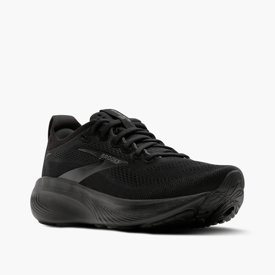 Black running shoe on a white background
