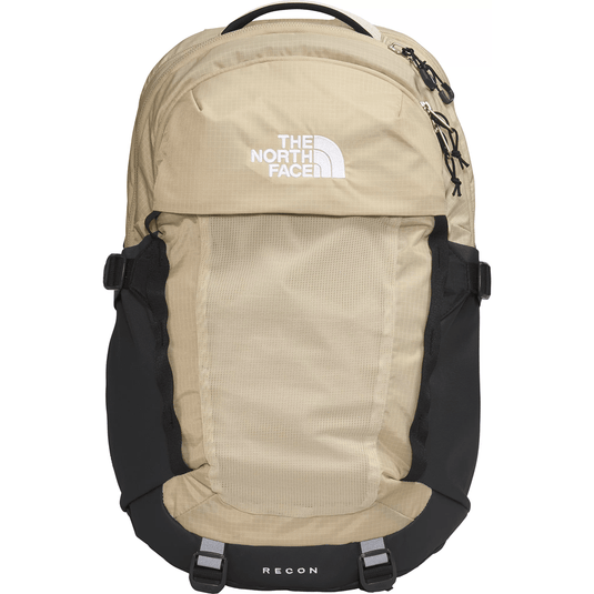 Beige backpack with black accents and The North Face logo on a white background