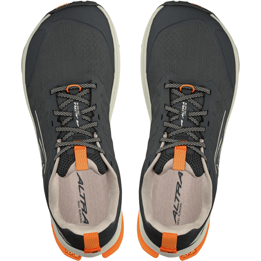 Pair of gray and orange running shoes with 'Altra' branding on a white background