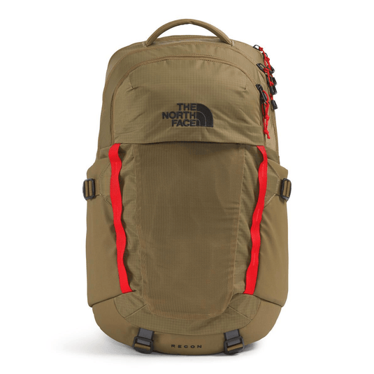 Brown backpack with red accents and The North Face logo on a white background
