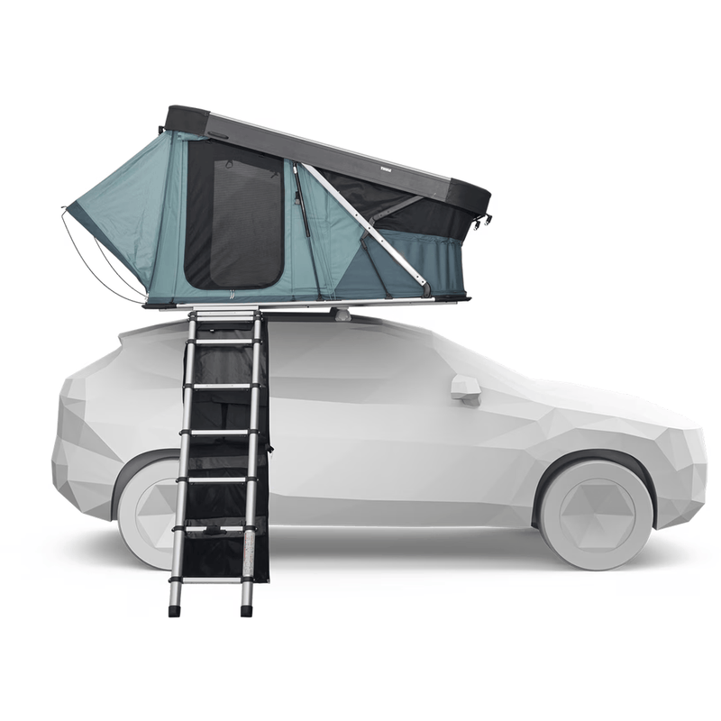Load image into Gallery viewer, Roof top tent attached to a car on a white background
