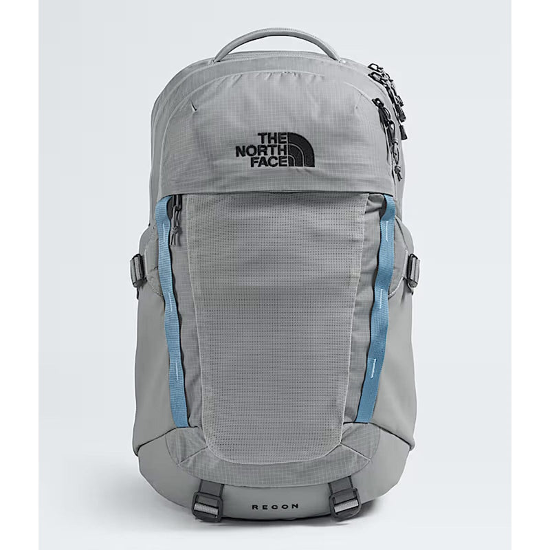 Load image into Gallery viewer, Gray backpack with blue accents and The North Face logo on a white background
