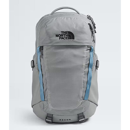 Gray backpack with blue accents and The North Face logo on a white background