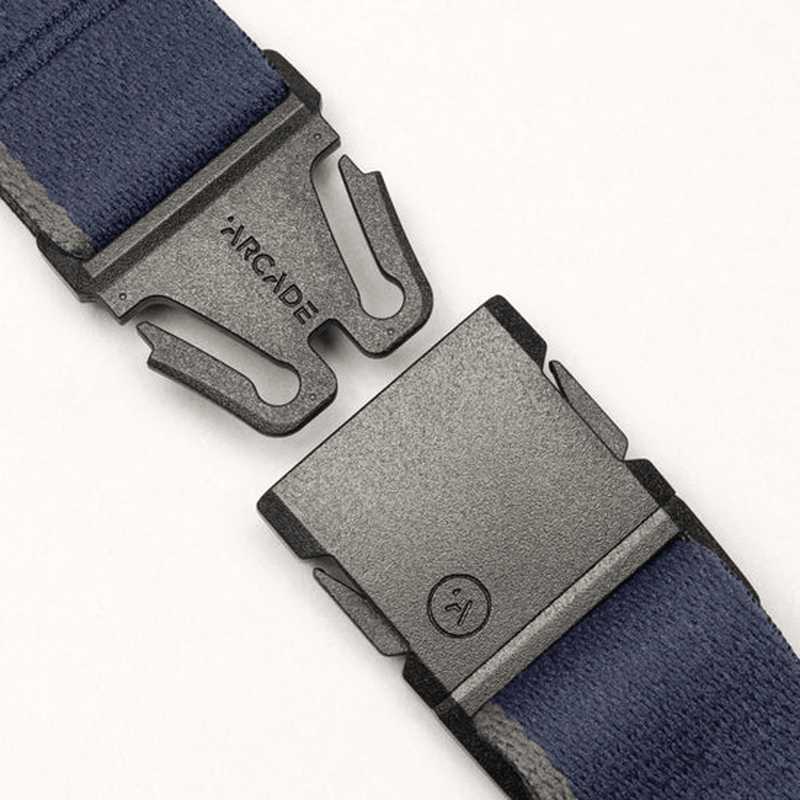 Load image into Gallery viewer, Close-up of a navy belt with a gray buckle on a white background
