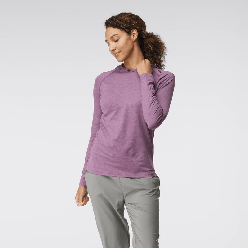 Load image into Gallery viewer, Woman wearing a purple long-sleeve shirt and gray pants on a white background
