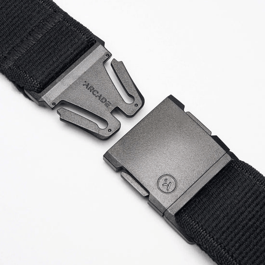 Black belt with silver Arcade buckle on a white background