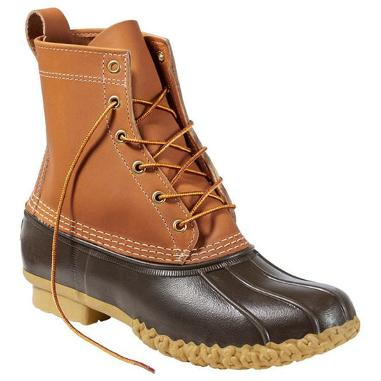 Brown and black duck boot with orange laces on a white background
