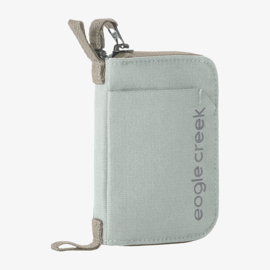 Light gray travel wallet with beige accents and 'eagle creek' branding on a white background