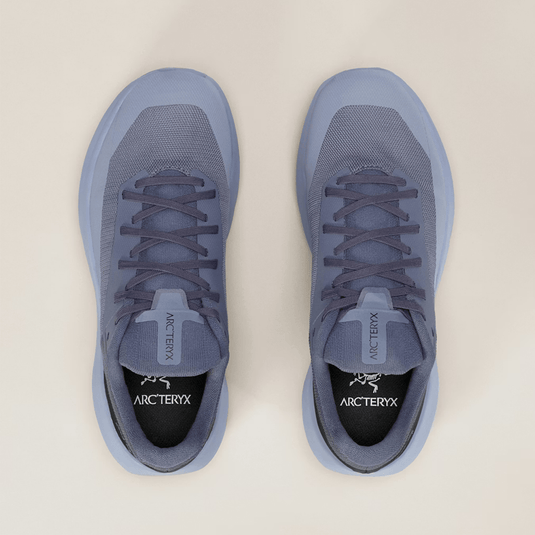 Pair of gray Arcteryx sneakers on a beige background