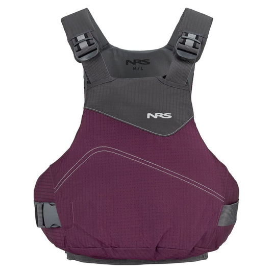 NRS life vest with purple front and gray back on a white background