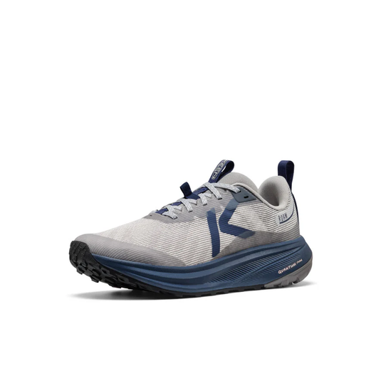 Gray and blue running shoe on a white background