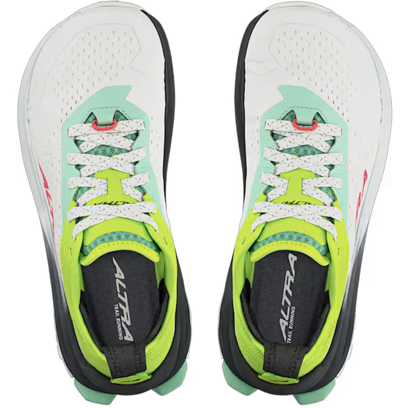 Load image into Gallery viewer, Pair of white running shoes with green and black accents on a white background
