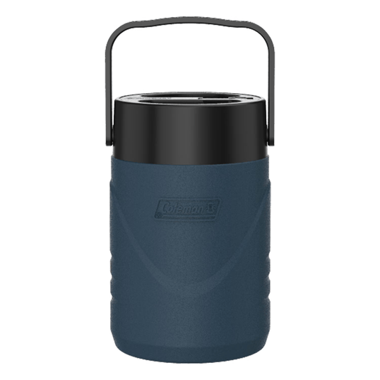 Blue and black Coleman lantern on a white background