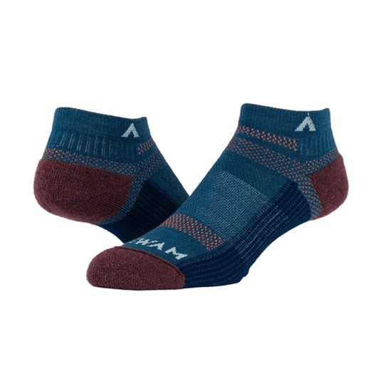 Pair of blue and burgundy socks with a brand logo on a white background