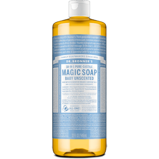 Dr. Bronner's Magic Soap bottle on a white background