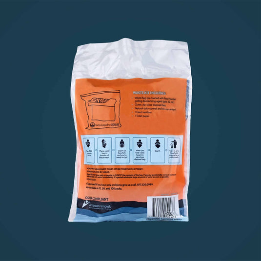 Back view of a white and orange bag with text and icons on a dark blue background