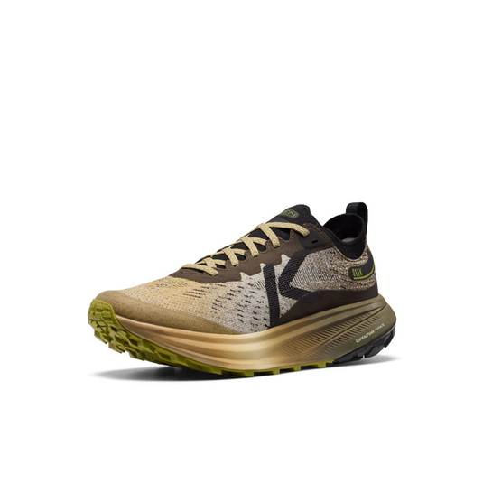 Olive green running shoe with black accents on a white background