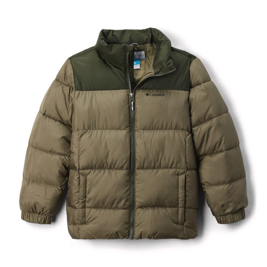 Green puffer jacket with Columbia logo on a white background
