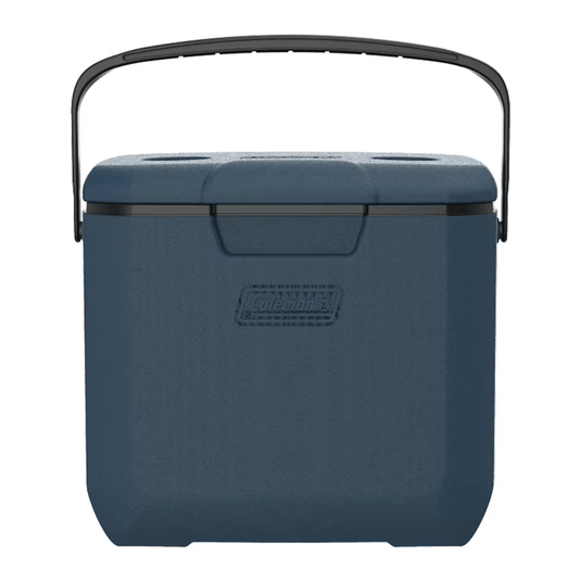 Blue cooler box with a black handle on a white background