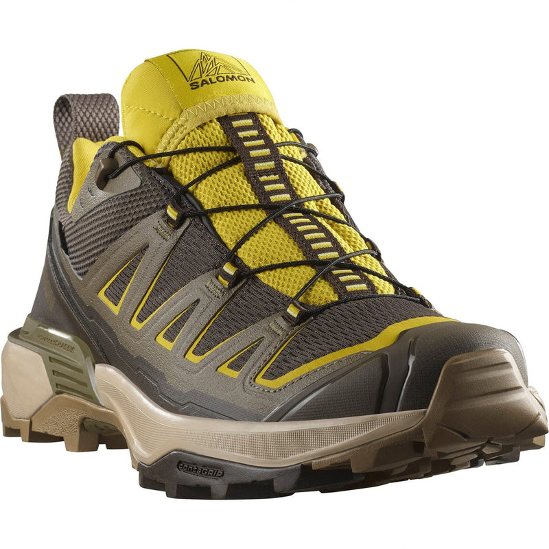 Load image into Gallery viewer, Yellow and gray hiking shoe with Salomon branding on a white background
