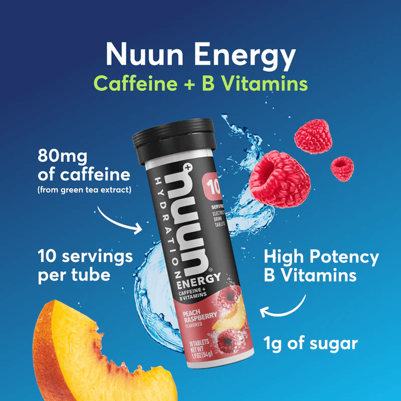 Load image into Gallery viewer, Nuun Energy drink tube with ingredients and benefits on a blue background
