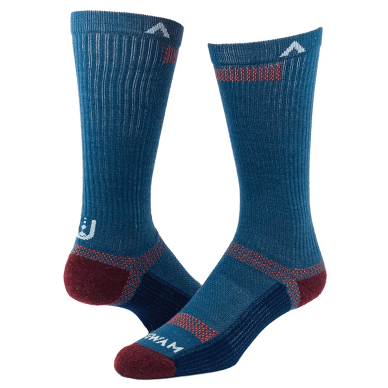 Load image into Gallery viewer, Pair of blue and red socks with a brand logo on a white background
