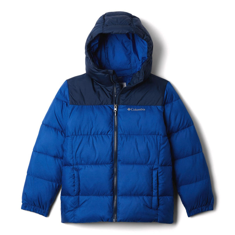Load image into Gallery viewer, Blue puffer jacket with Columbia logo on a white background
