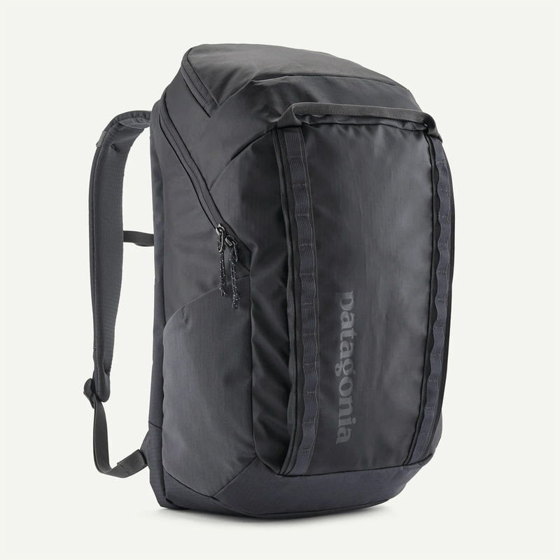 Load image into Gallery viewer, Black backpack with Patagonia logo on a white background
