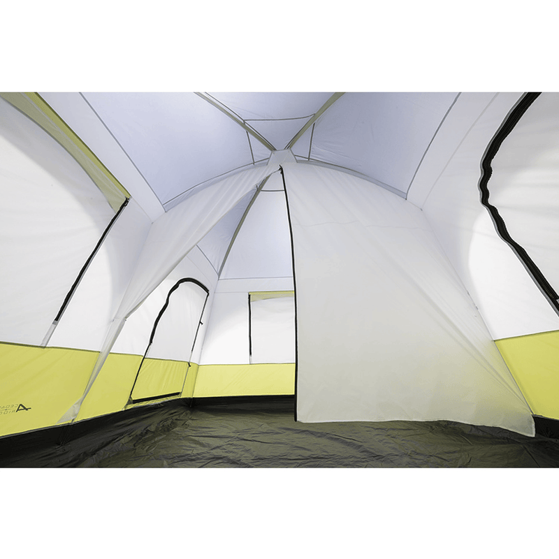 Load image into Gallery viewer, Inside view of a tent with yellow and gray walls
