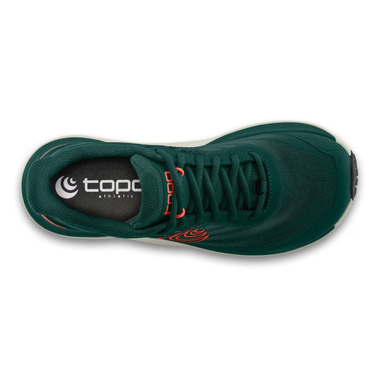 Green athletic shoe with Topo Athletic logo on a white background