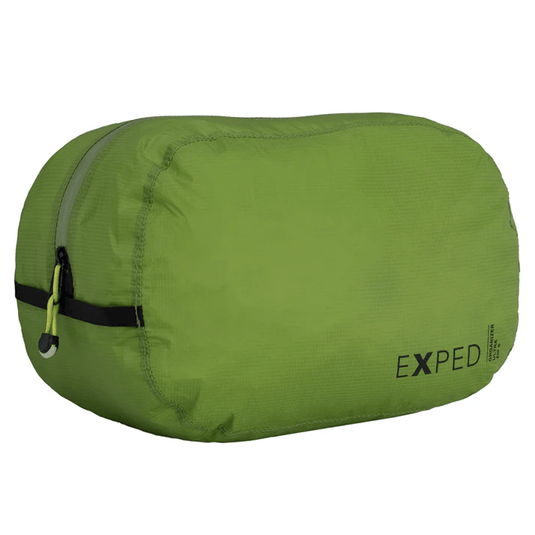 Green travel pouch with 'Exped' branding on a white background