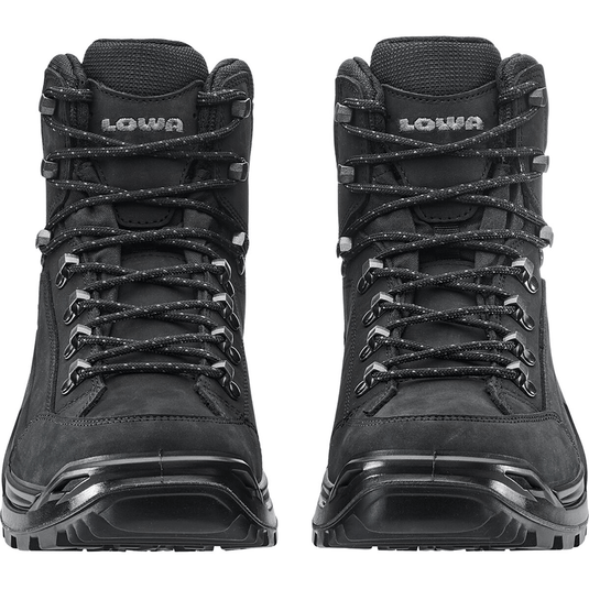 Pair of black high-top boots with visible brand logo on a white background