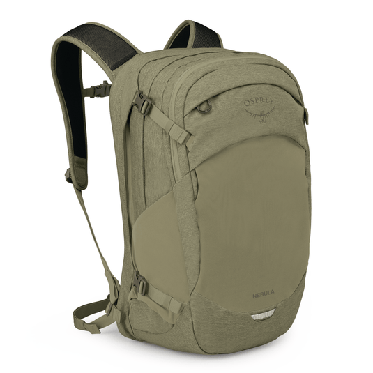 Green backpack with a visible brand logo on a white background