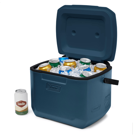 Blue cooler with open lid showing ice and cans, next to a can of beer on a white background