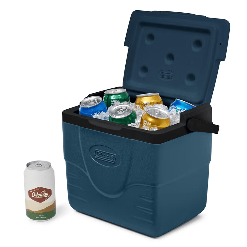 Load image into Gallery viewer, Blue cooler box with open lid containing ice and cans, next to a can of beer on a white background.
