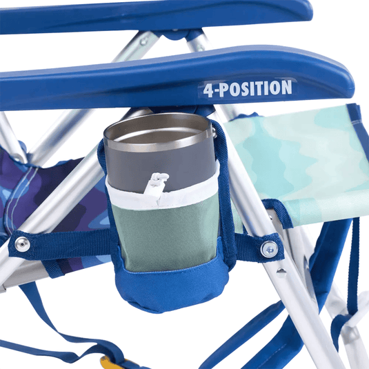 Blue camping chair with a cup holder attached, featuring a 4-position label.