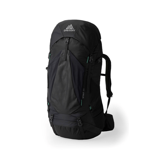 Black hiking backpack with visible brand logo on a white background