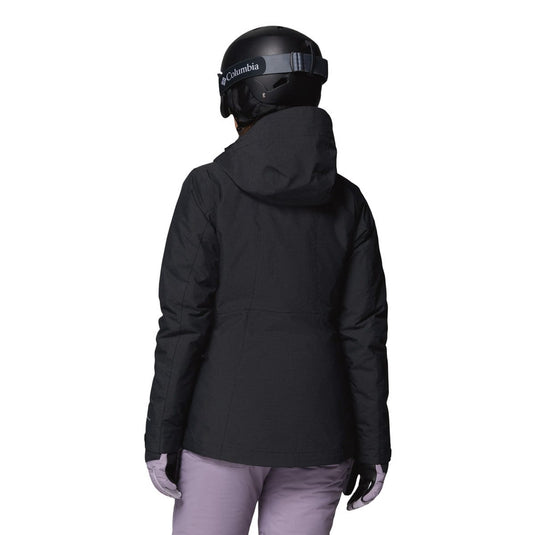 Person wearing a black jacket and helmet with Columbia logo on a white background