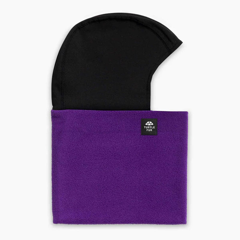 Load image into Gallery viewer, Black and purple balaclava with a visible brand logo on a white background

