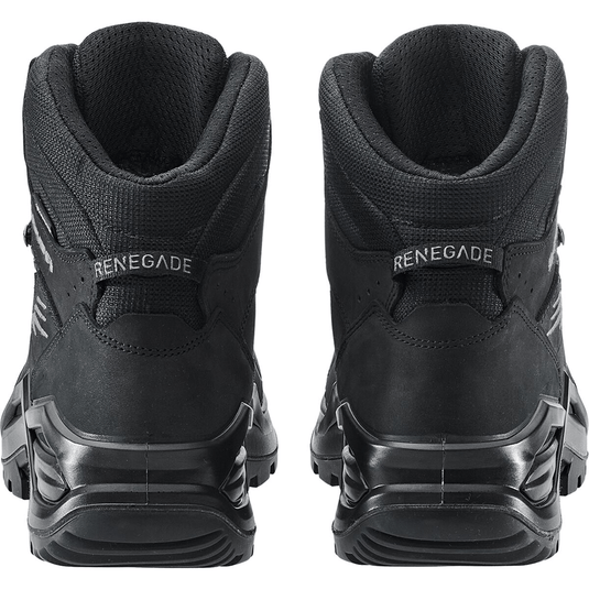 Black Renegade boots shown from the back on a white background