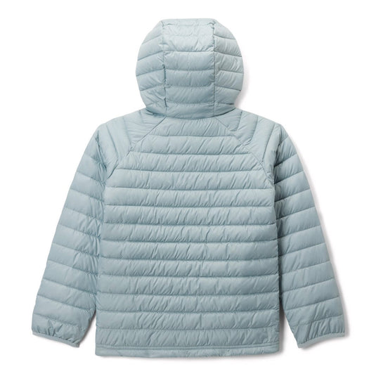 Light blue puffer jacket with a hood on a white background
