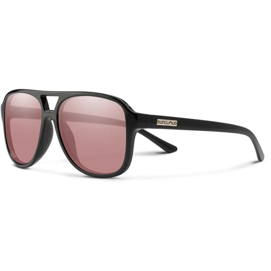 Black sunglasses with pink lenses on a white background