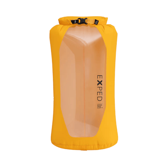 Yellow dry bag with clear front panel on a white background