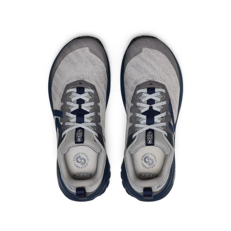 Load image into Gallery viewer, Pair of gray and navy Keen shoes on a white background
