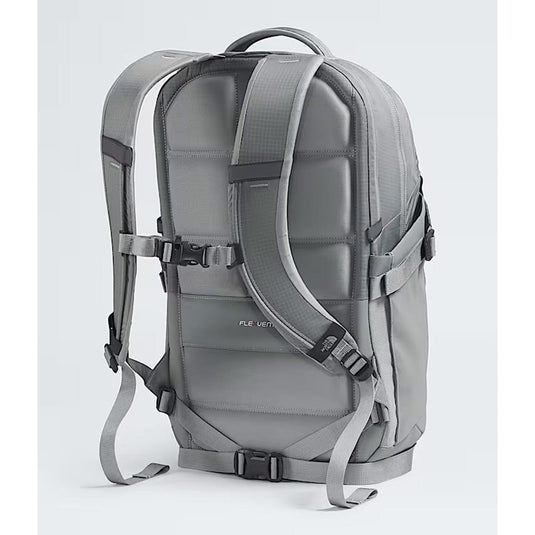 Gray backpack with visible branding on a light gray background