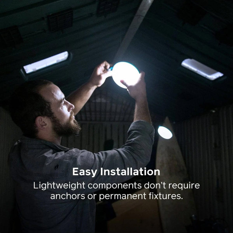 Load image into Gallery viewer, Person installing a light bulb in a dark room with text about easy installation.
