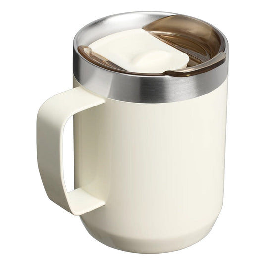 White mug with a metallic rim on a white background